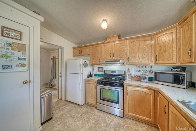 320 Hudson St, Silver Cliff, CO 81252 - kitchen with appliances with stainless steel finishes, under cabinet range hood, light countertops, a textured ceiling, and vaulted ceiling