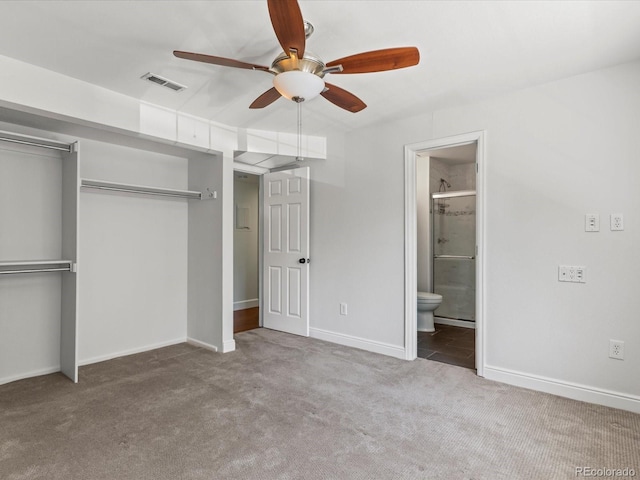 12403 E Tennessee Cir Unit E, Aurora, CO 80012 - unfurnished bedroom featuring carpet floors, a closet, connected bathroom, and a ceiling fan