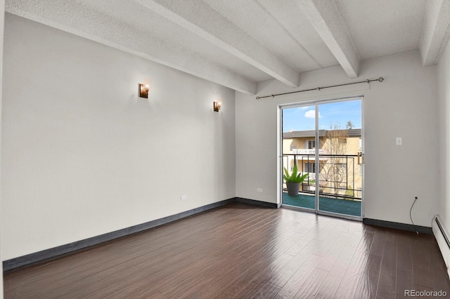 unfurnished room with beamed ceiling, a textured ceiling, baseboards, baseboard heating, and dark wood-style flooring