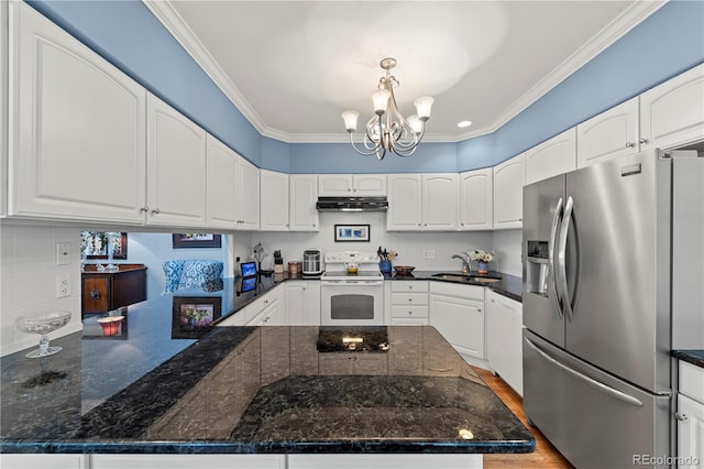 kitchen with white electric range oven, a sink, white cabinets, under cabinet range hood, and stainless steel fridge