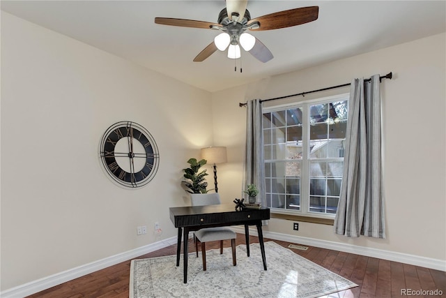 office featuring a ceiling fan, dark wood finished floors, visible vents, and baseboards