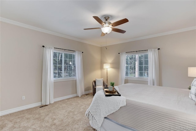 bedroom with light carpet, baseboards, visible vents, and ornamental molding