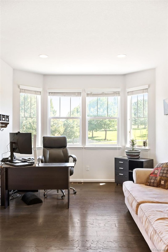 home office featuring dark wood-type flooring and plenty of natural light