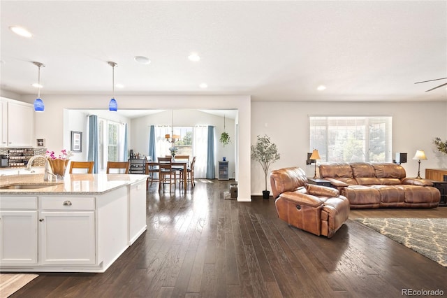 living room featuring plenty of natural light, sink, and dark hardwood / wood-style flooring