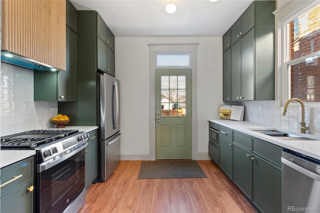 kitchen with appliances with stainless steel finishes, light hardwood / wood-style floors, decorative backsplash, sink, and extractor fan