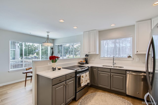 3228 47th, Boulder, CO 80301 - kitchen with a sink, stainless steel appliances, gray cabinetry, a peninsula, and white cabinetry