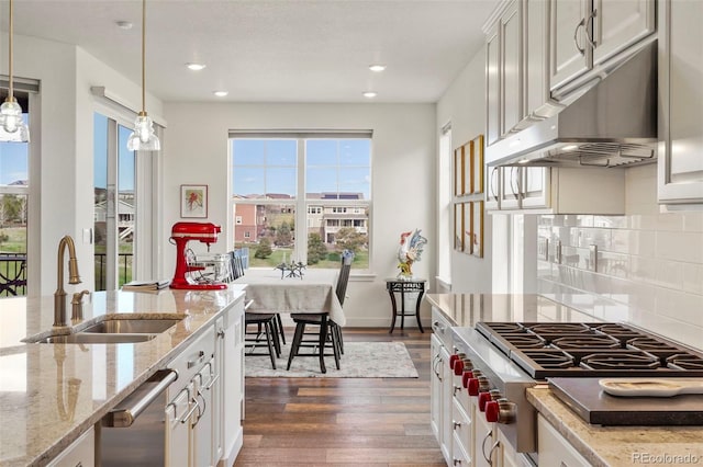 kitchen featuring dark wood finished floors, under cabinet range hood, a sink, decorative backsplash, and appliances with stainless steel finishes