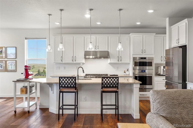 kitchen with a sink, stainless steel appliances, white cabinetry, dark wood finished floors, and under cabinet range hood