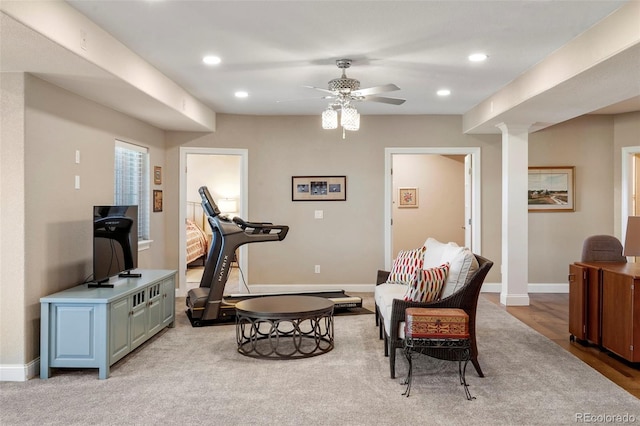 workout room featuring ceiling fan, baseboards, and recessed lighting
