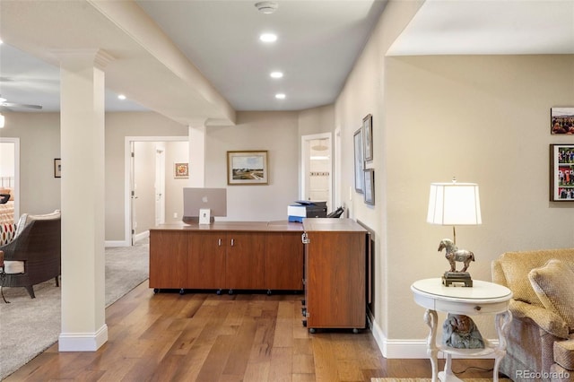 interior space featuring recessed lighting, light wood-style floors, baseboards, and ceiling fan