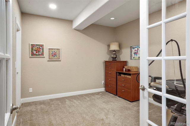 bedroom with recessed lighting, baseboards, and light colored carpet