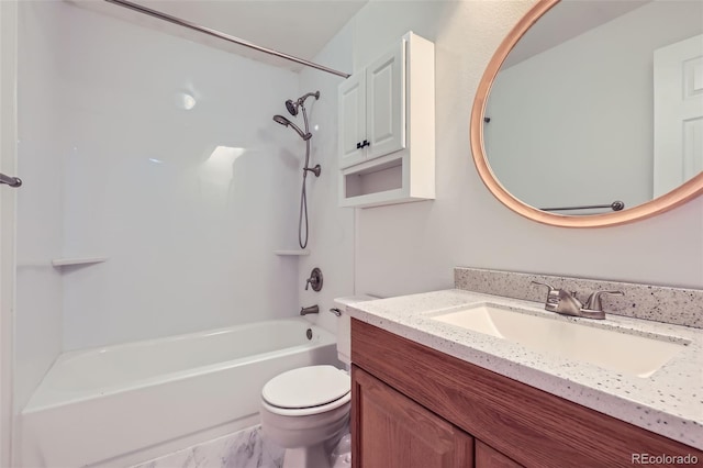 8136 Washington St Unit 141, Denver, CO 80229 - full bathroom with vanity, toilet, tub / shower combination, and marble look tile flooring