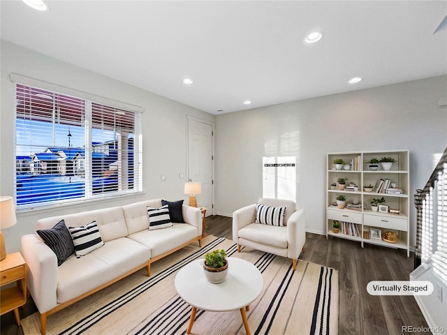 living room with dark hardwood / wood-style floors