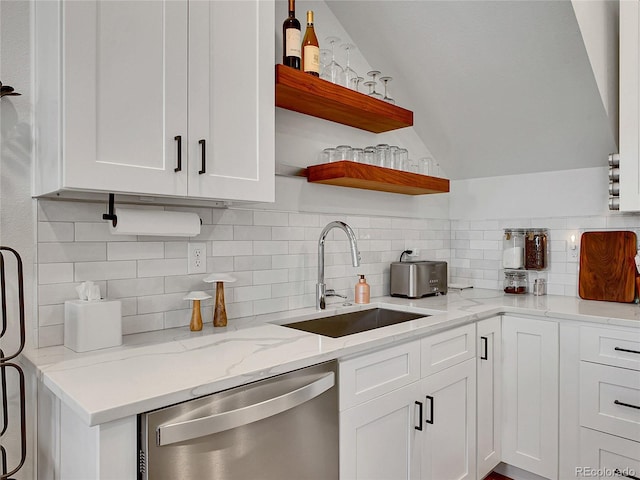 1303 Jersey St, Denver, CO 80220 - kitchen featuring stainless steel dishwasher, open shelves, a sink, tasteful backsplash, and white cabinets
