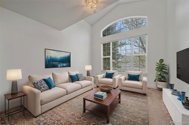 living area with high vaulted ceiling