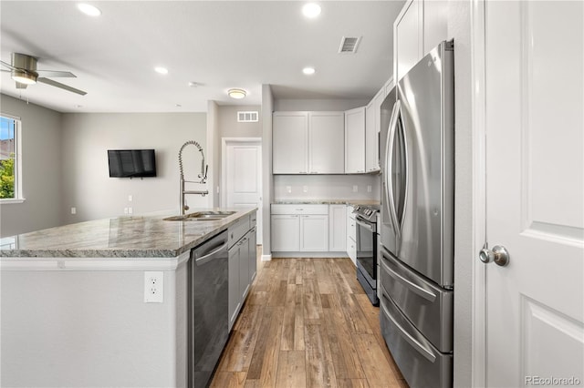 847 E 98th Ave Unit 1806, Thornton, CO 80229 - kitchen featuring stainless steel appliances, a sink, light wood finished floors, light stone countertops, and a ceiling fan