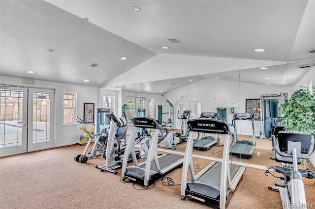 847 E 98th Ave Unit 1806, Thornton, CO 80229 - exercise room with recessed lighting, french doors, high vaulted ceiling, and carpet flooring