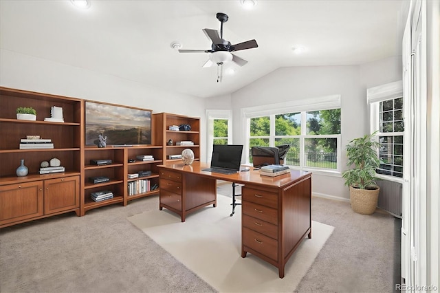 3901 Stonegrass Pt, Broomfield, CO 80023 - office area featuring light carpet, ceiling fan, and lofted ceiling