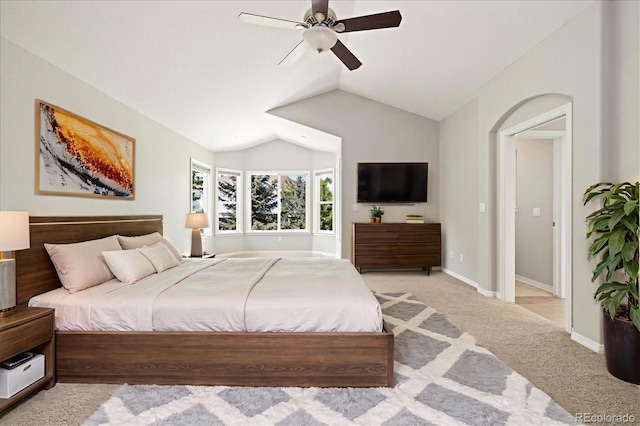 3901 Stonegrass Pt, Broomfield, CO 80023 - bedroom with light carpet, vaulted ceiling, and ceiling fan