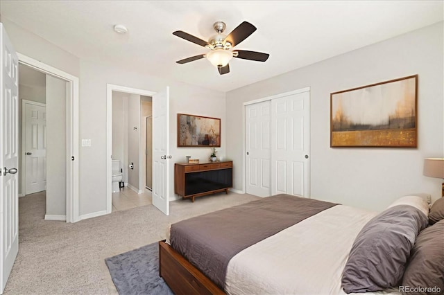 3901 Stonegrass Pt, Broomfield, CO 80023 - bedroom featuring light carpet, a closet, and a ceiling fan