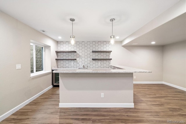 3901 Stonegrass Pt, Broomfield, CO 80023 - kitchen featuring open shelves, decorative backsplash, recessed lighting, dark wood-style flooring, and hanging light fixtures