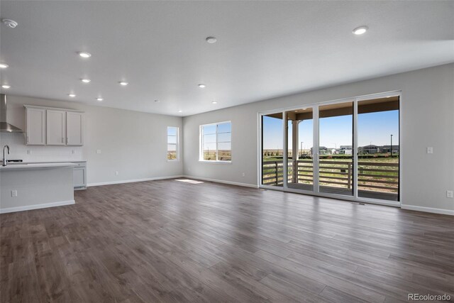 unfurnished living room featuring dark hardwood / wood-style floors and sink