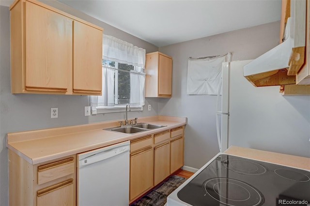 16980 E Stanford Ave, Aurora, CO 80015 - kitchen featuring white dishwasher, stove, light brown cabinets, and light countertops