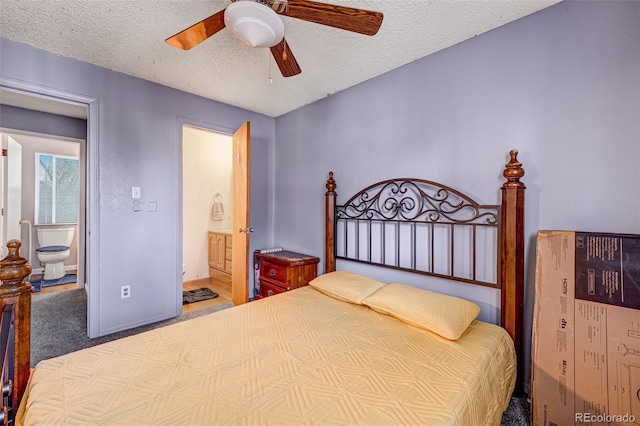 16980 E Stanford Ave, Aurora, CO 80015 - bedroom featuring a textured ceiling, ensuite bath, carpet, and a ceiling fan