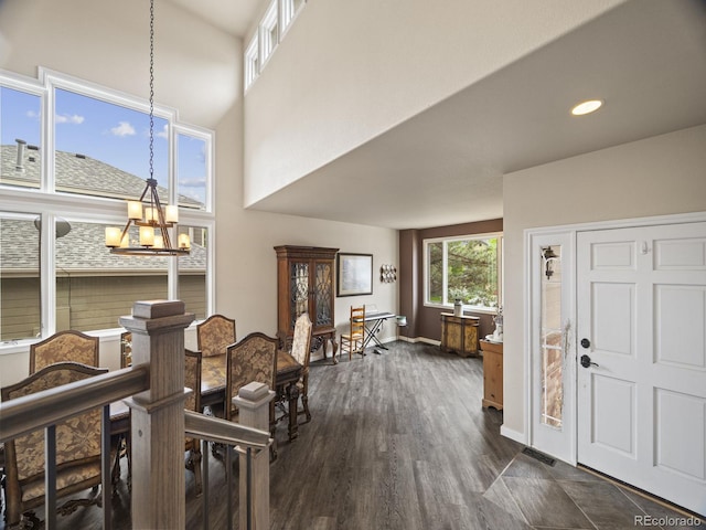 6432 S Robb Ct, Littleton, CO 80127 - foyer with a chandelier, dark wood finished floors, baseboards, recessed lighting, and a towering ceiling