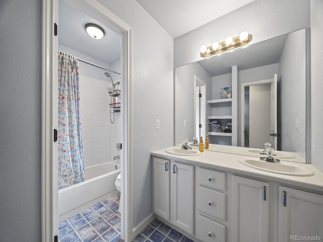 6432 S Robb Ct, Littleton, CO 80127 - bathroom with double vanity, shower / bathtub combination with curtain, tile patterned flooring, toilet, and a textured wall