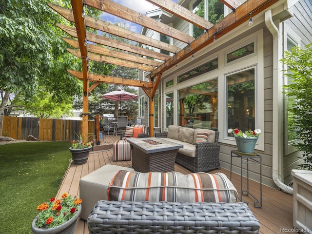 6432 S Robb Ct, Littleton, CO 80127 - wooden deck featuring an outdoor living space with a fire pit and a pergola