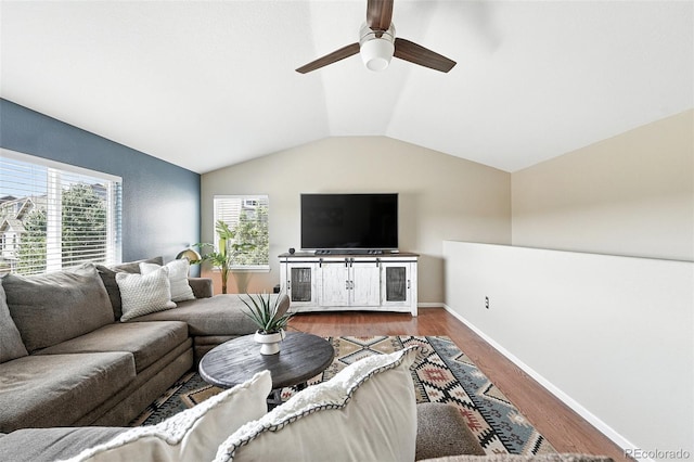 3543 Foxridge Trl, Highlands Ranch, CO 80126 - living room with wood finished floors, vaulted ceiling, and ceiling fan