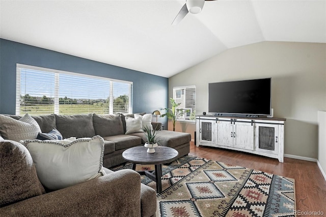 3543 Foxridge Trl, Highlands Ranch, CO 80126 - living room with lofted ceiling, wood finished floors, and a ceiling fan