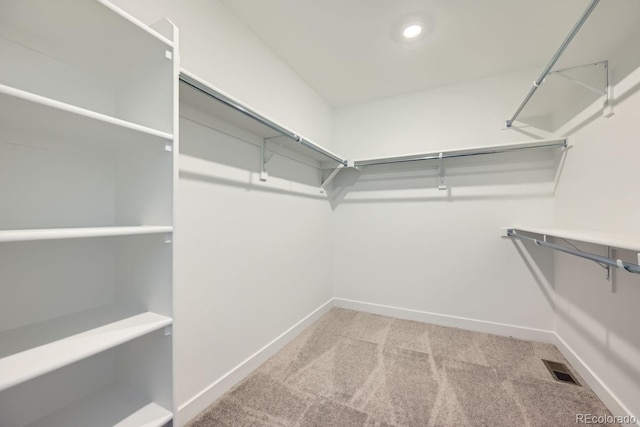 walk in closet featuring light colored carpet