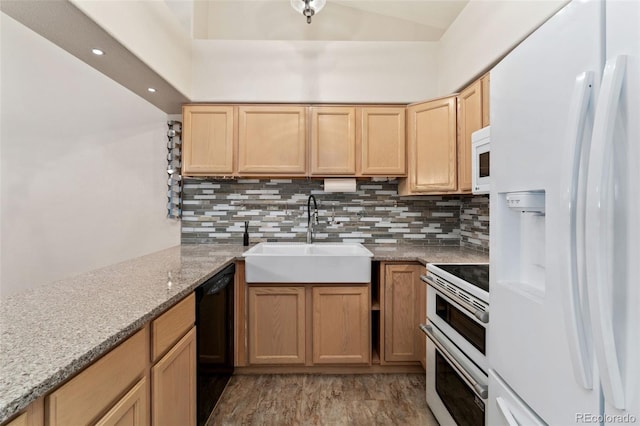 4195 W 111th Cir, Westminster, CO 80031 - kitchen with white appliances, a sink, decorative backsplash, light brown cabinets, and recessed lighting