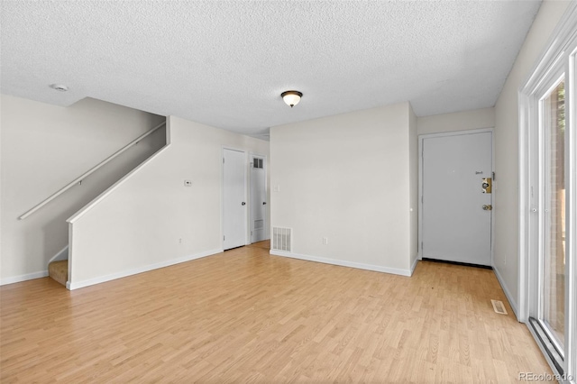 unfurnished living room with a textured ceiling and light hardwood / wood-style floors