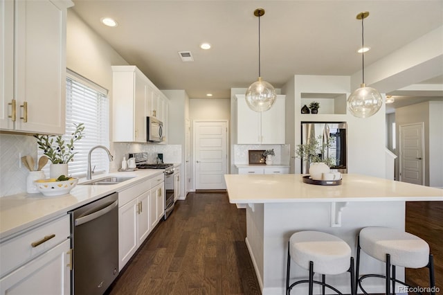 6689 Backcountry Loop, Colorado Springs, CO 80927 - kitchen featuring stainless steel appliances, a kitchen breakfast bar, a kitchen island, dark wood-type flooring, and white cabinetry