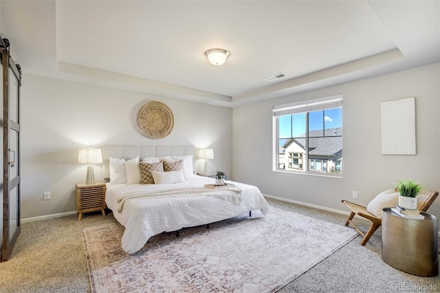 6689 Backcountry Loop, Colorado Springs, CO 80927 - carpeted bedroom featuring a tray ceiling and a barn door