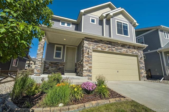6689 Backcountry Loop, Colorado Springs, CO 80927 - craftsman inspired home with stone siding, an attached garage, board and batten siding, and concrete driveway