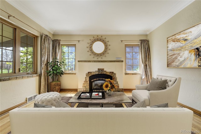 2285 N Monaco Pkwy, Denver, CO 80207 - living area featuring wood finished floors, baseboards, crown molding, a fireplace, and a textured wall