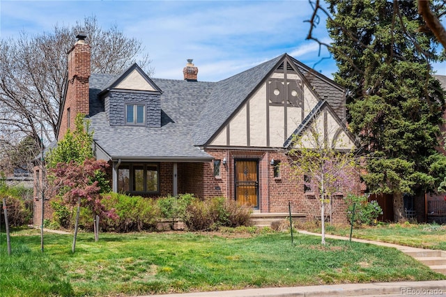 2285 N Monaco Pkwy, Denver, CO 80207 - english style home with roof with shingles, a front yard, a chimney, and brick siding