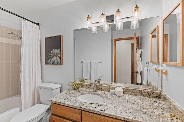 full bathroom with shower / bathtub combination with curtain, vanity, and toilet