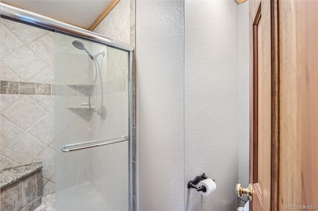 bathroom featuring a shower with shower door