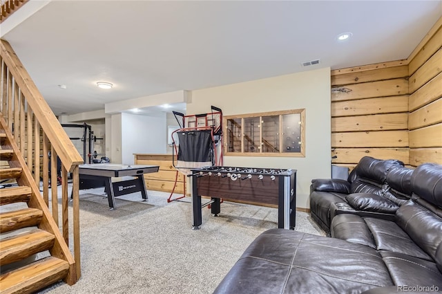 game room featuring light colored carpet