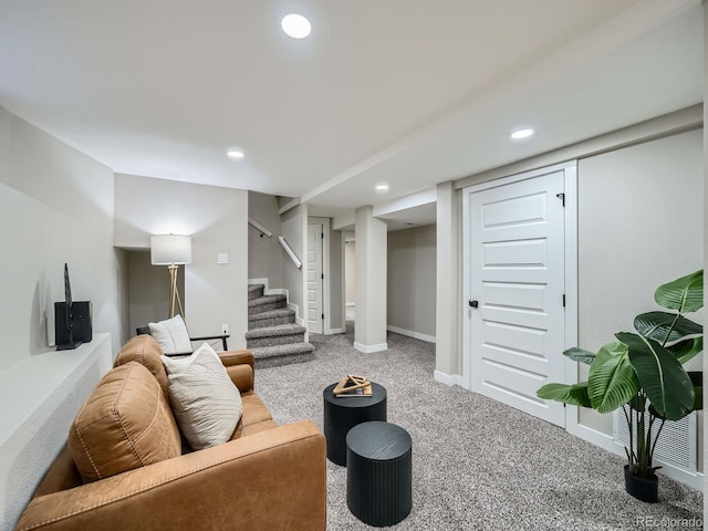 living room featuring stairs, recessed lighting, carpet, and baseboards