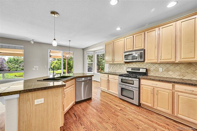 16500 Hitching Post Cir, Parker, CO 80134 - kitchen featuring appliances with stainless steel finishes, light brown cabinetry, light wood-type flooring, dark countertops, and recessed lighting