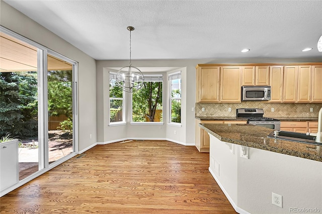 16500 Hitching Post Cir, Parker, CO 80134 - kitchen featuring appliances with stainless steel finishes, a chandelier, tasteful backsplash, light wood-style flooring, and light brown cabinets
