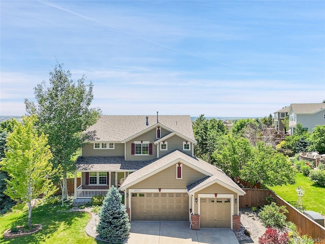16500 Hitching Post Cir, Parker, CO 80134 - view of front of home featuring concrete driveway, a shingled roof, brick siding, an attached garage, and a porch