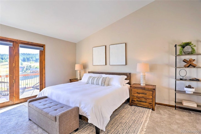 bedroom with access to exterior, light carpet, and vaulted ceiling