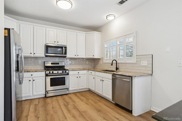 kitchen featuring a sink, visible vents, white cabinetry, and stainless steel appliances